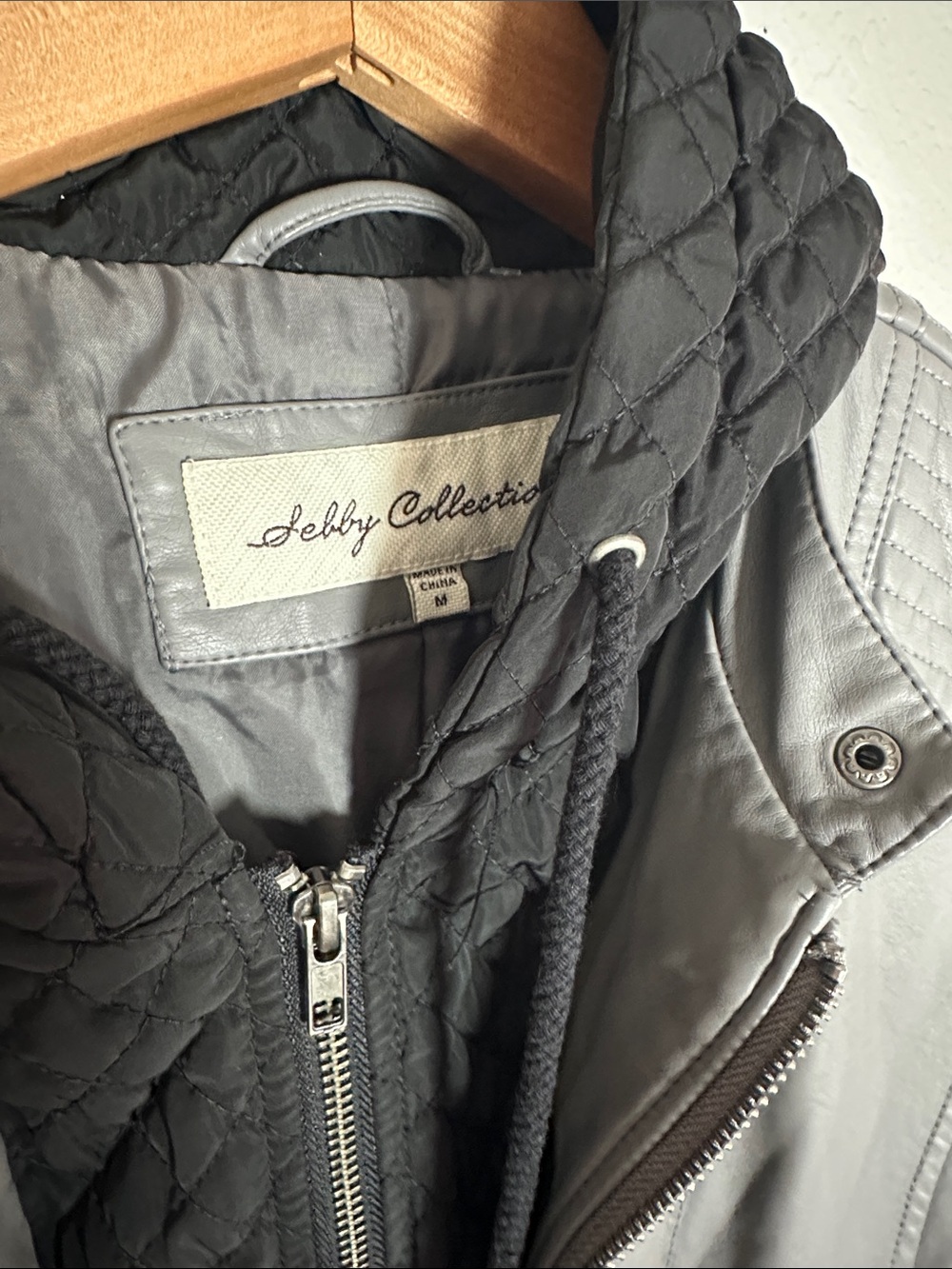 Sebby Collection Grey Faux Leather Moto Jacket Hooded Full Zip Pockets Medium - Picture 5 of 8